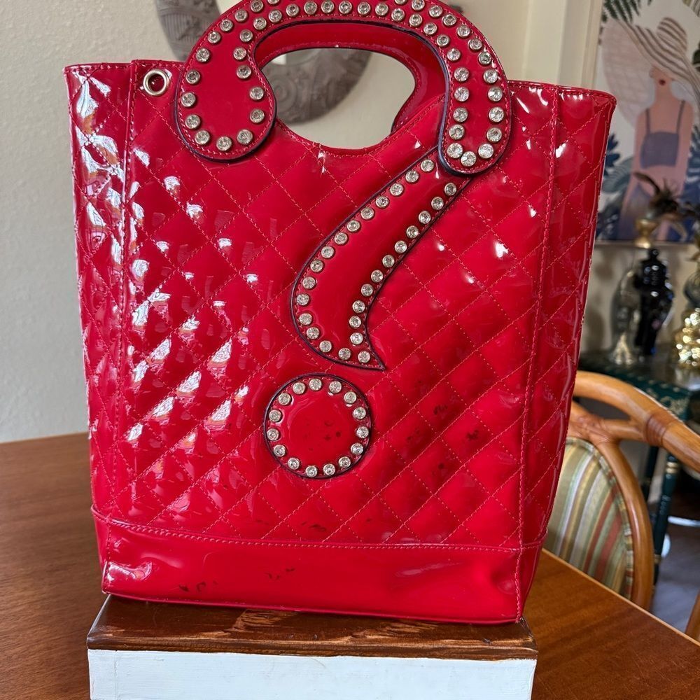 Question Mark ? Handbag Red With Studded Rhinestone Detail Quilted Stitching - Picture 2 of 16